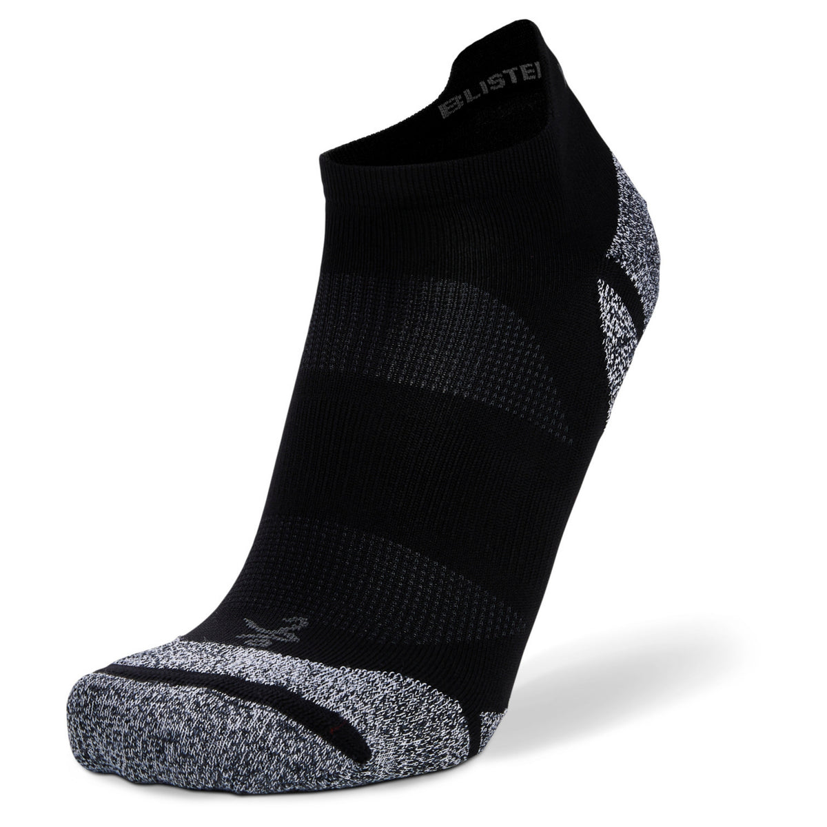 Black and gray athletic sock with 'Blister' branding on a white background