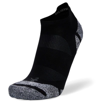 Black and gray athletic sock with 'Blister' branding on a white background