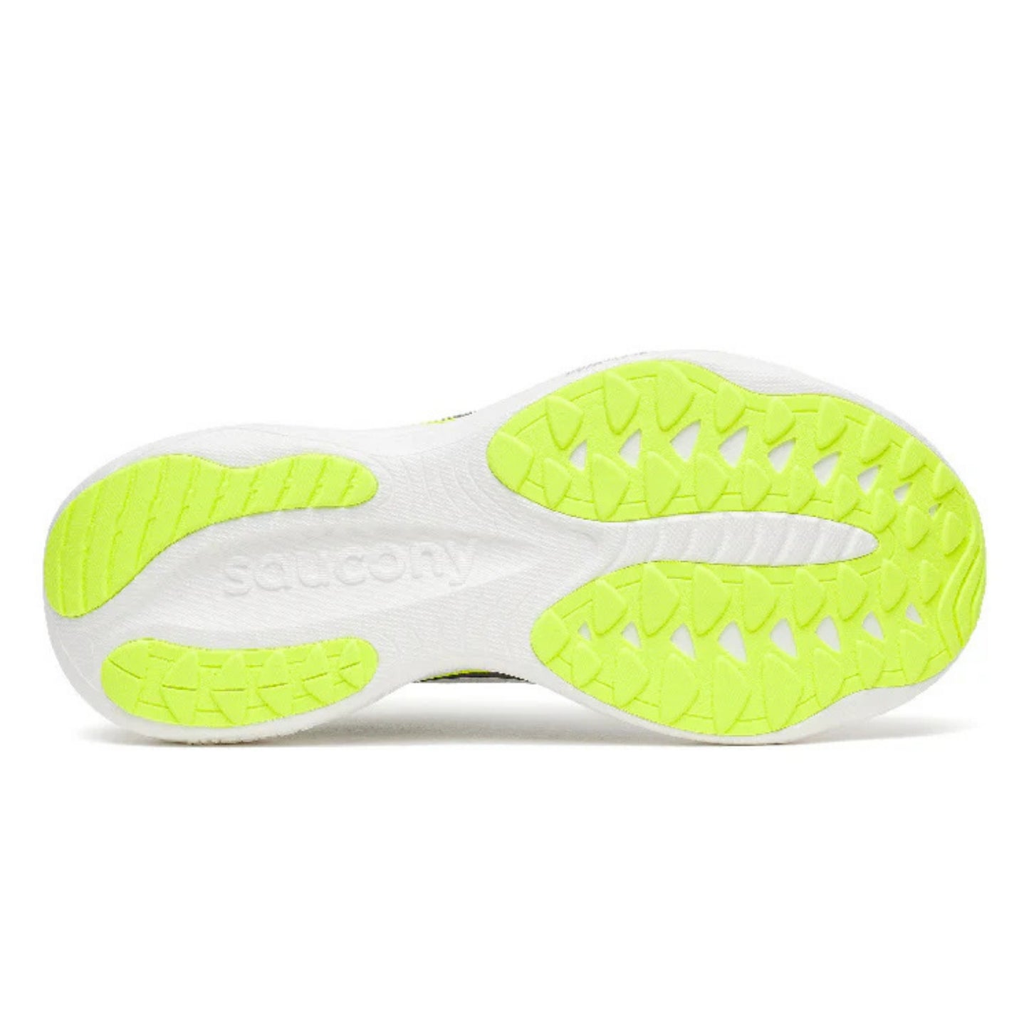 Bottom view of a Saucony running shoe with a yellow tread pattern sole on a white background