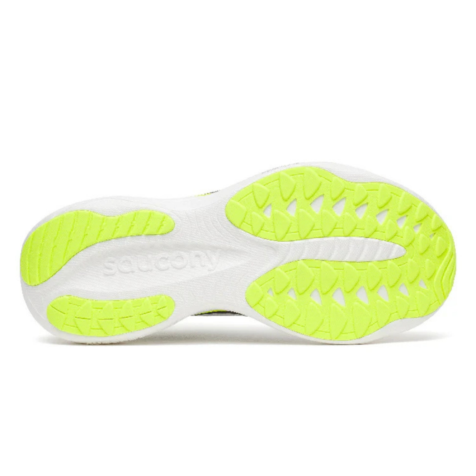 Bottom view of a Saucony running shoe with a yellow tread pattern sole on a white background