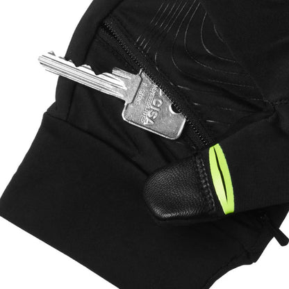 Key attached to a black glove with a visible brand logo on a white background