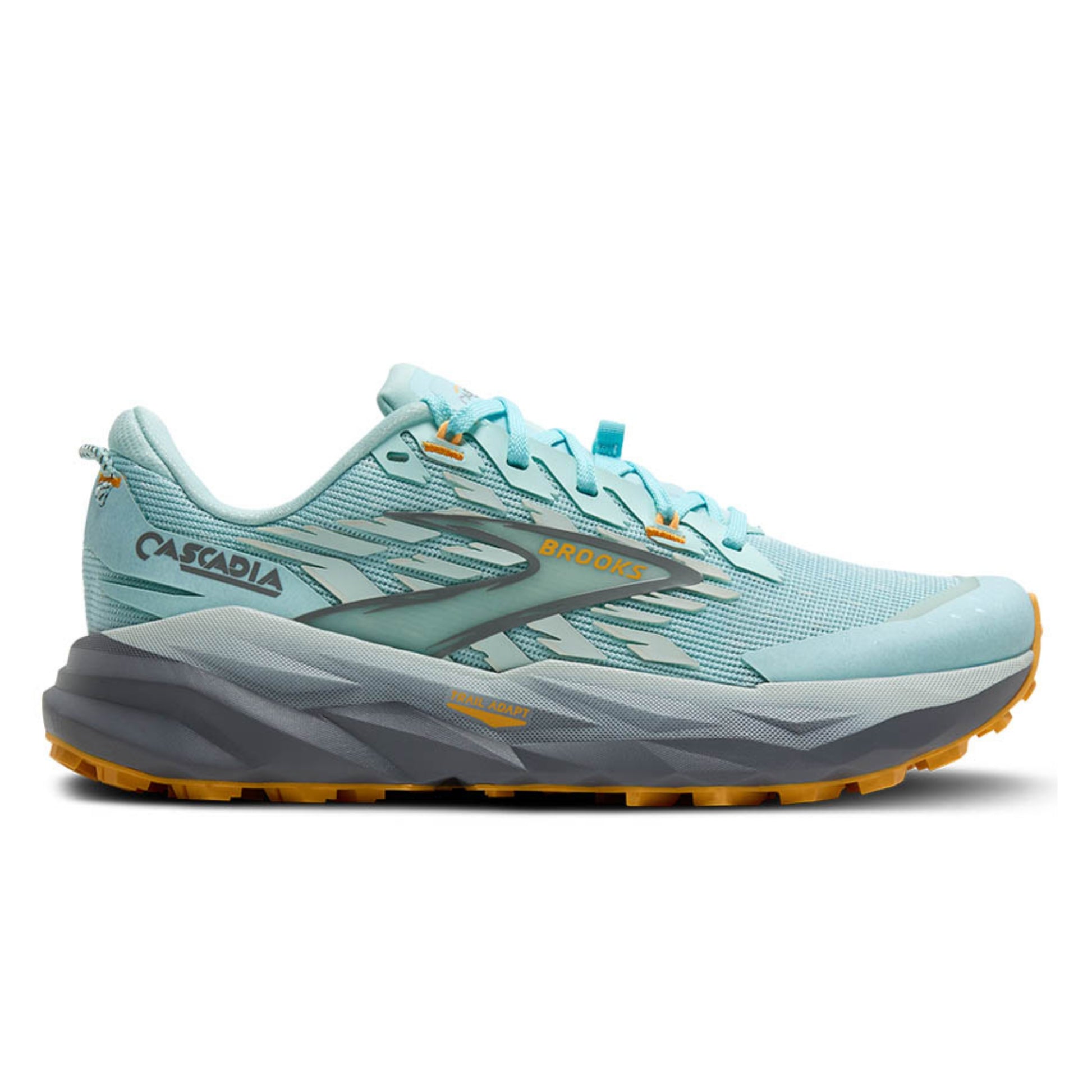Light blue Brooks running shoe with the wording Cascadia on the side 