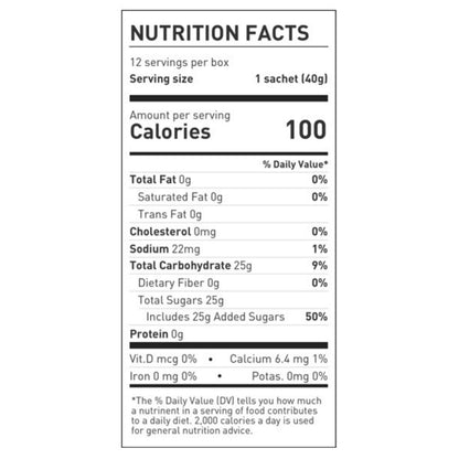 A Nutrition Facts label for a single sachet of product, showing serving size 1 sachet (40g) and 100 calories per serving, with a black text layout on a white background.