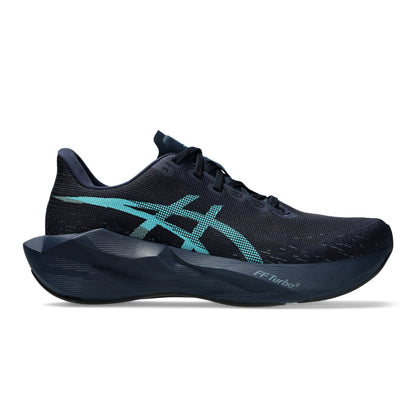 A single ASICS running shoe in dark navy blue with a prominent turquoise stripe logo on the side, shown in a side profile against a white background.