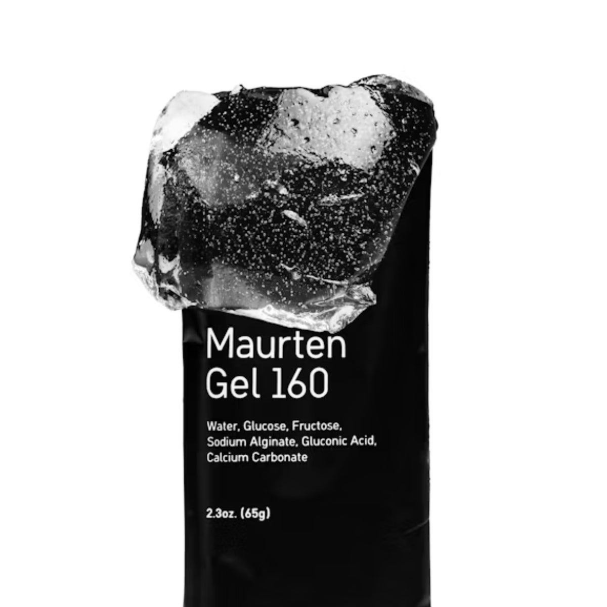 A black squeeze tube of Maurten Gel 160 with a large, realistic ice cube graphic on the cap, set against a plain white background.