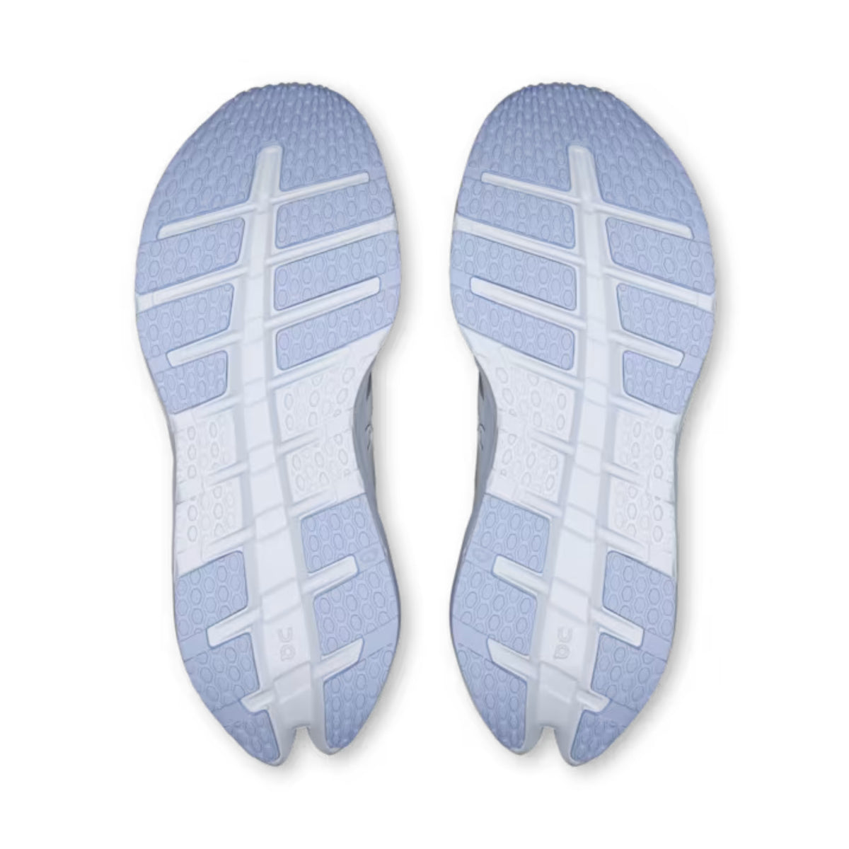 A pair of On running shoes shown from the sole view, featuring a light blue and white textured tread pattern on a clean white background.
