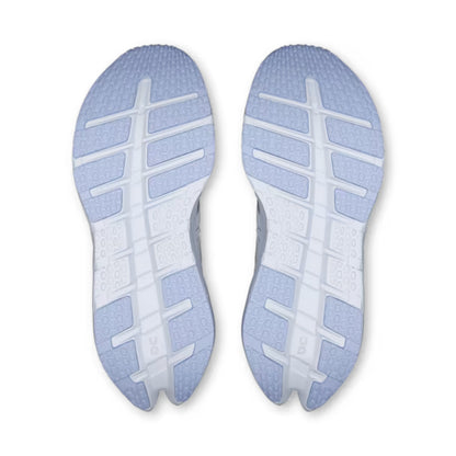 A pair of On running shoes shown from the sole view, featuring a light blue and white textured tread pattern on a clean white background.
