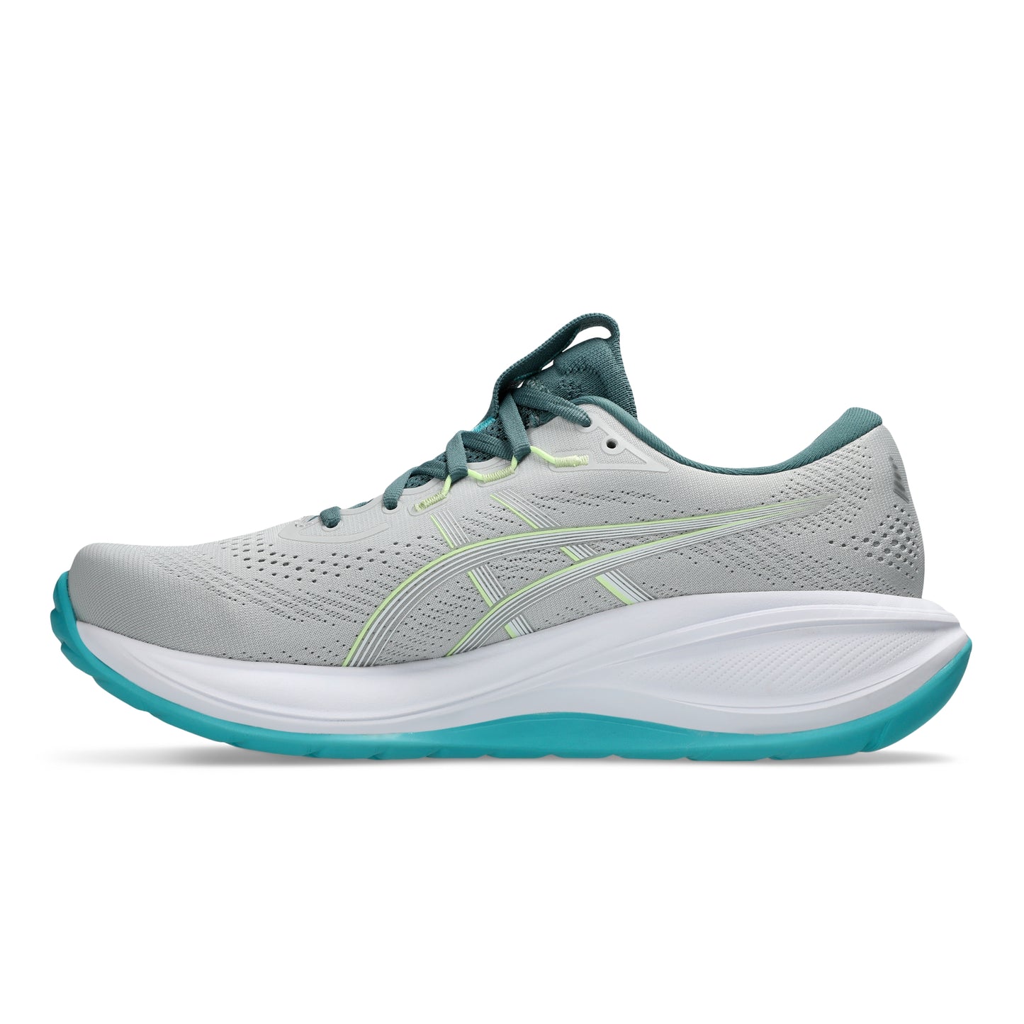 Gray Asics running shoe with green and blue accents on a white background