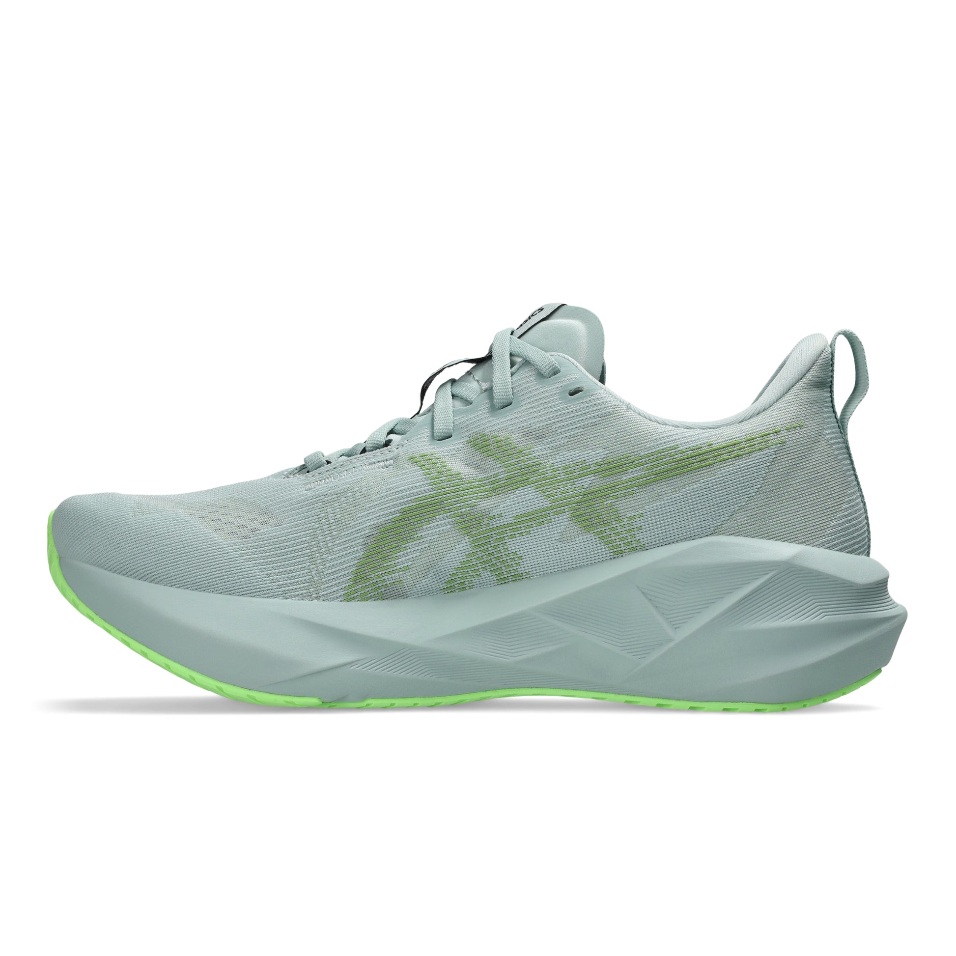 Light blue running Asics shoe with green sole on a white background