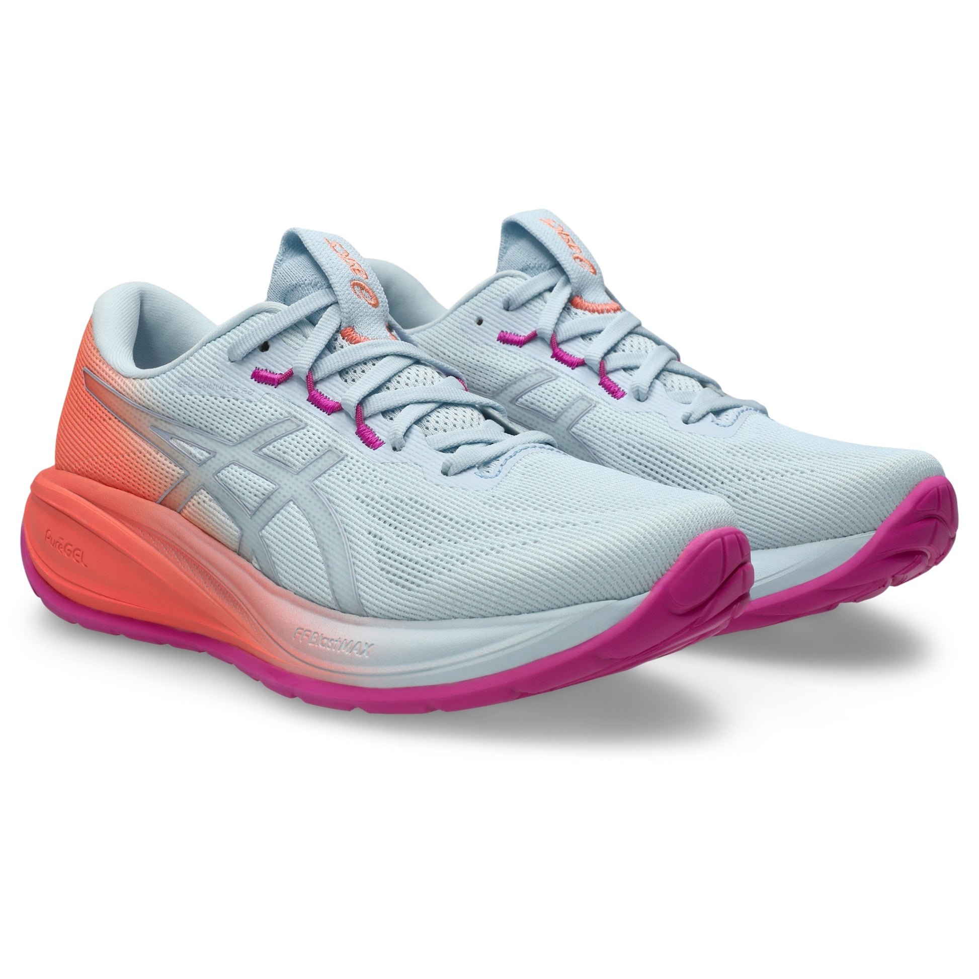 Light blue Asics running shoes with pink and orange sole on a white background
