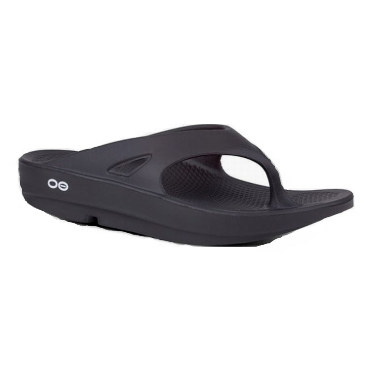 Black sandal with 'Oofos' logo on a white background