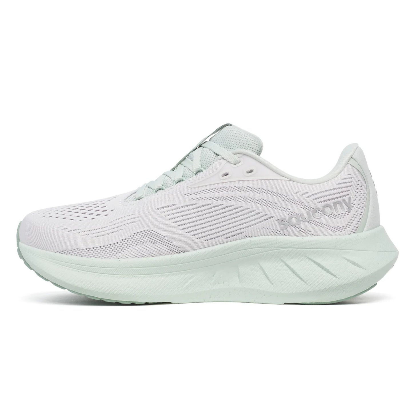 White and light green Saucony running shoe with a light green sole 