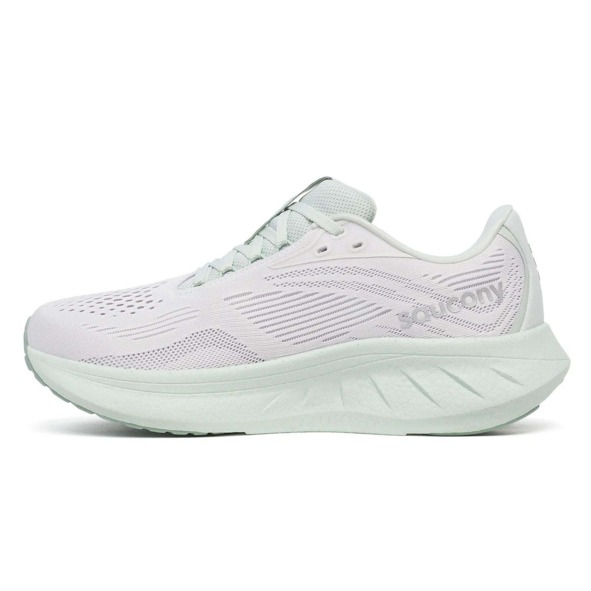 White and light green Saucony running shoe with a light green sole 