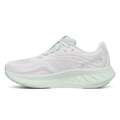 White and light green Saucony running shoe with a light green sole 