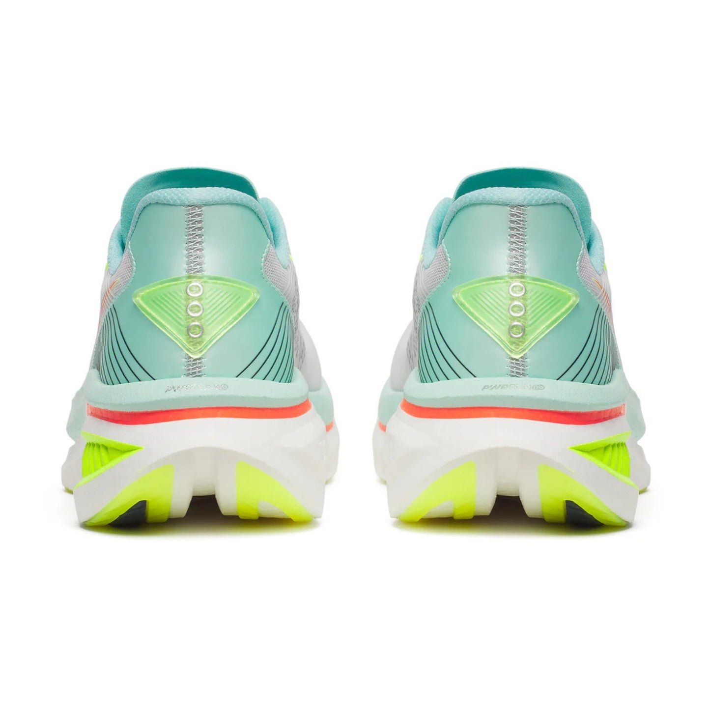 Back view of a pair of Saucony running shoes with a visible brand logo on a white background