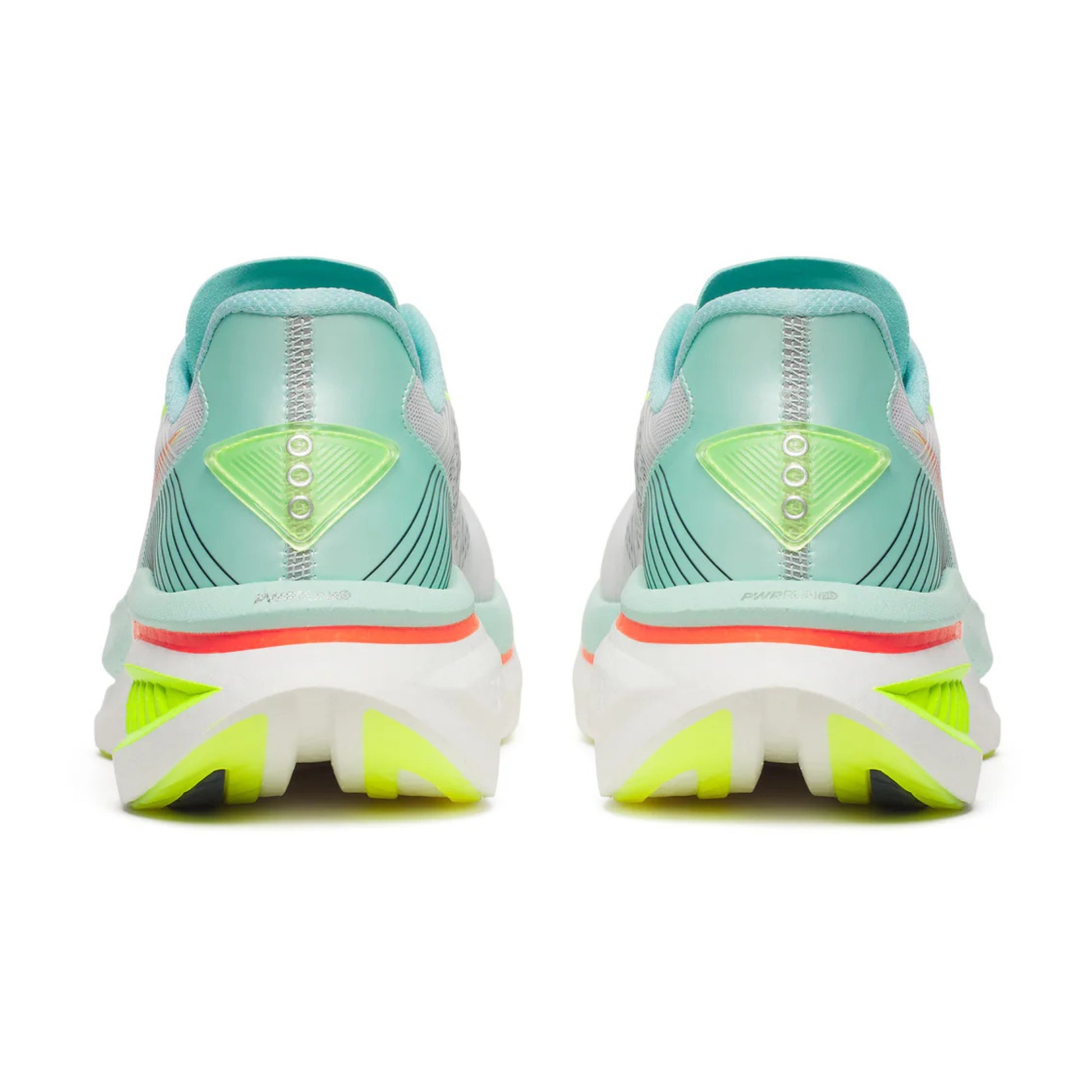 Back view of a pair of Saucony running shoes with a visible brand logo on a white background