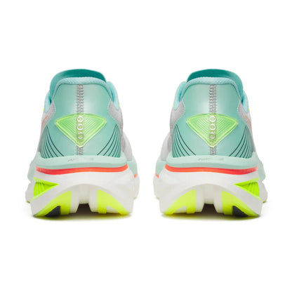 Back view of a pair of Saucony running shoes with a visible brand logo on a white background