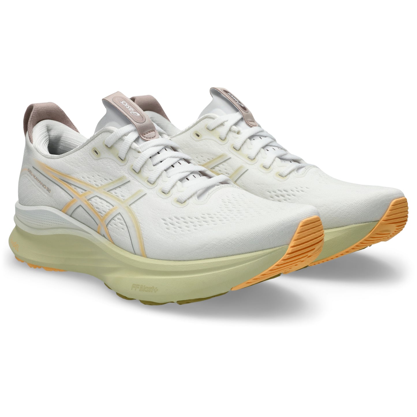 White Asics running shoes with orange soles on a white background