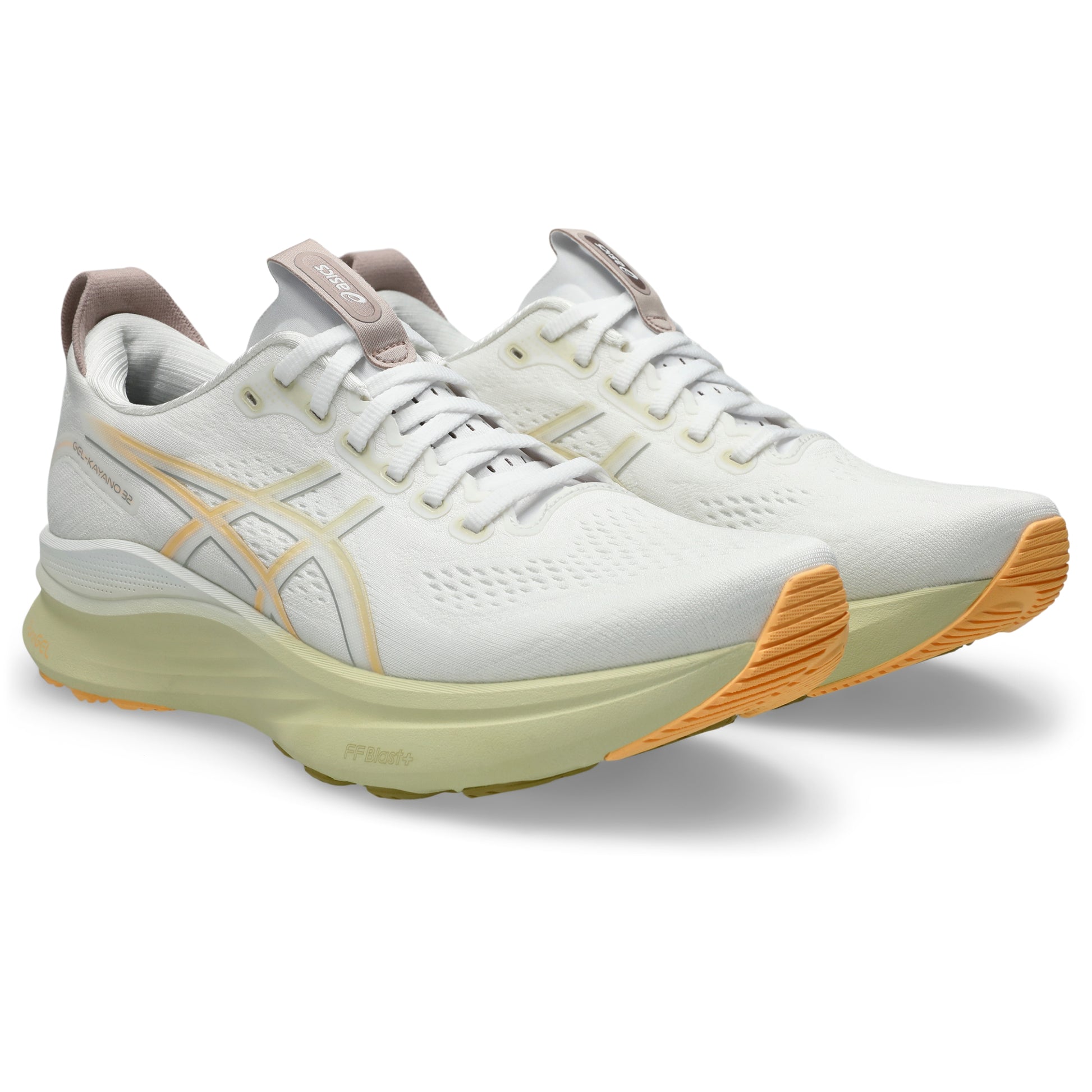 White Asics running shoes with orange soles on a white background