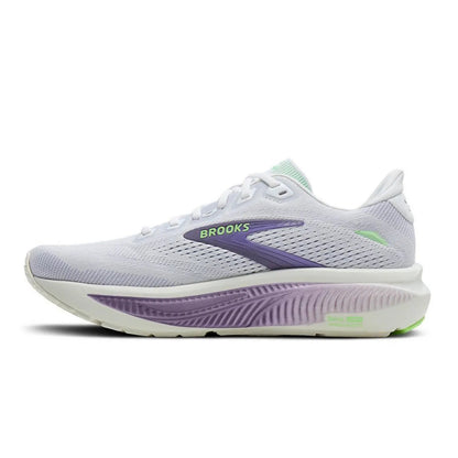 Brooks running shoe in white and light purple with lime green accents, shown from the side on a white background.