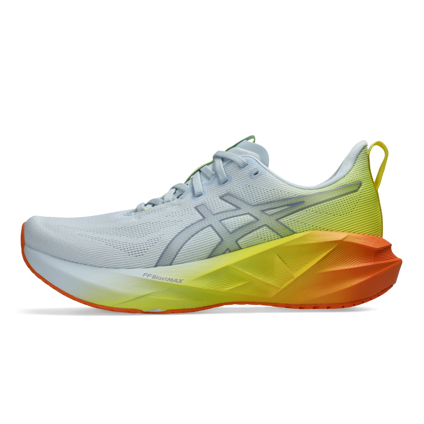 White and yellow Asics running shoe with orange accents on a white background