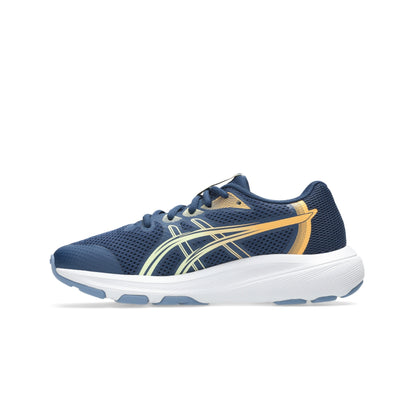 A single ASICS running shoe in navy blue mesh with a gold and white logo, set against a plain white background.