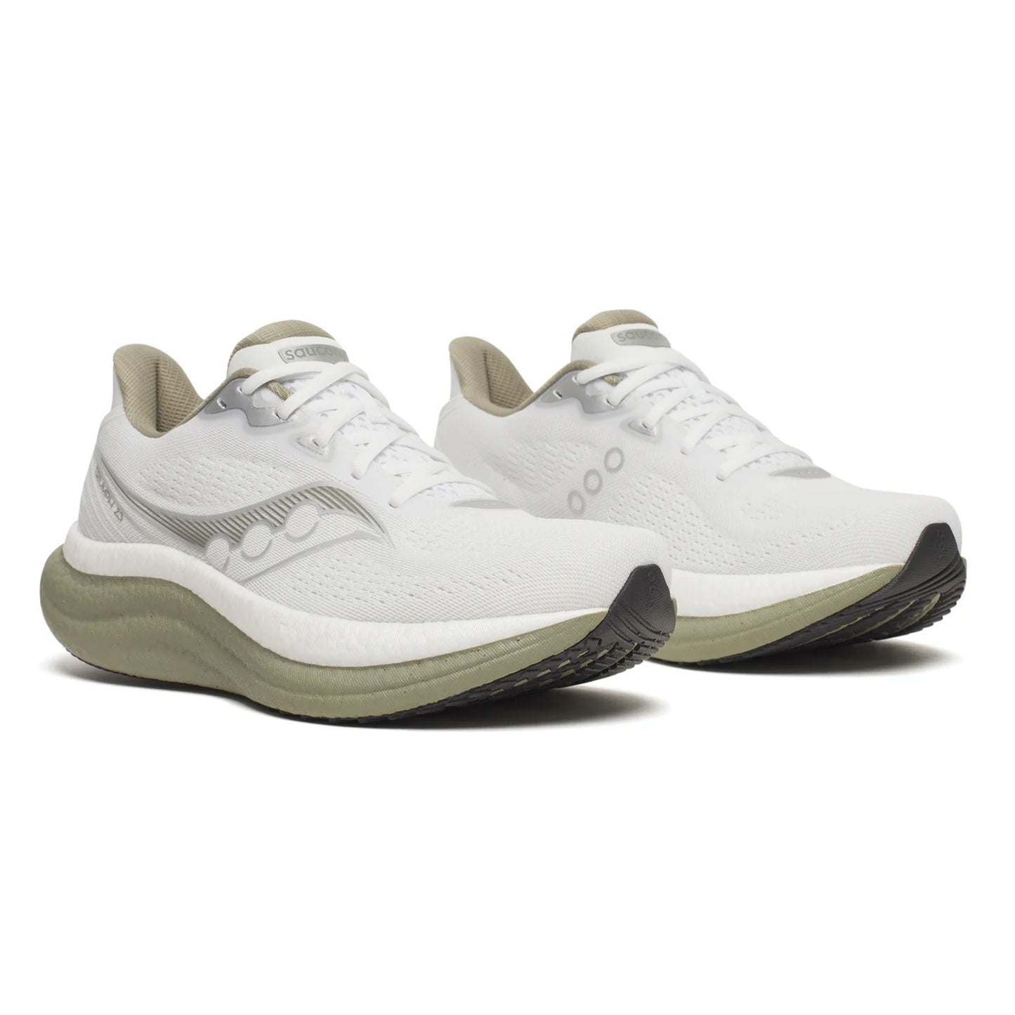 White Saucony running shoes with beige accents on a white background