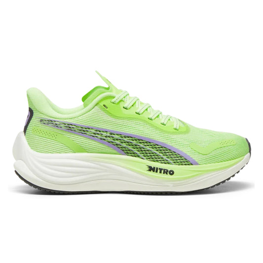Neon green Puma running shoe with 'Nitro' wording on a white background
