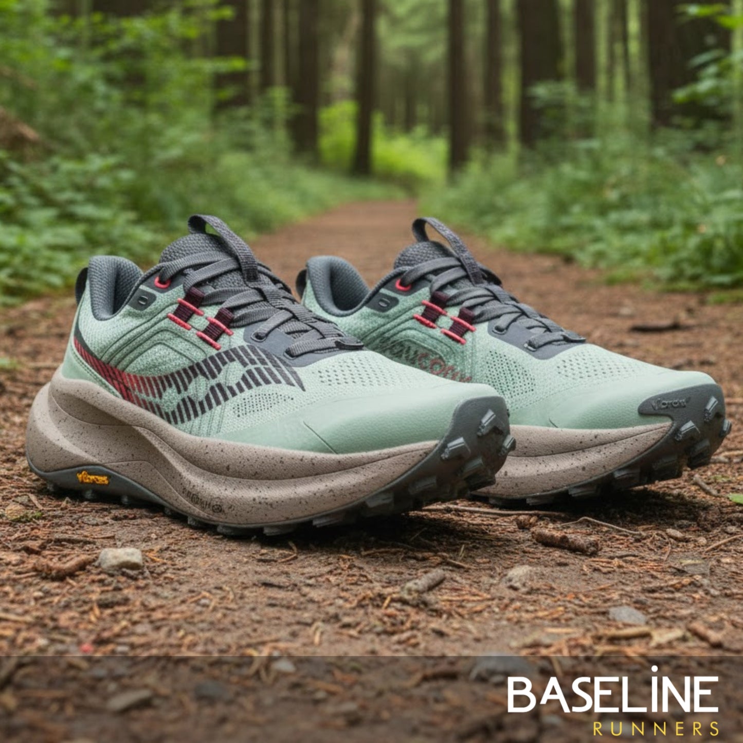 Pair of green and gray running shoes on a forest path with 'Baseline Runners' branding.