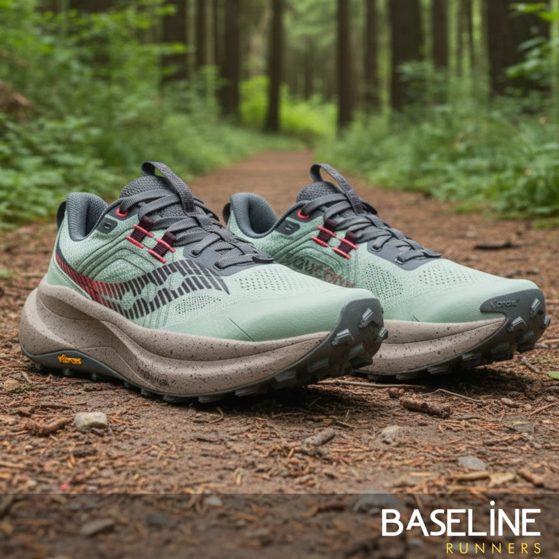 Pair of green and gray running shoes on a forest path with 'Baseline Runners' branding.