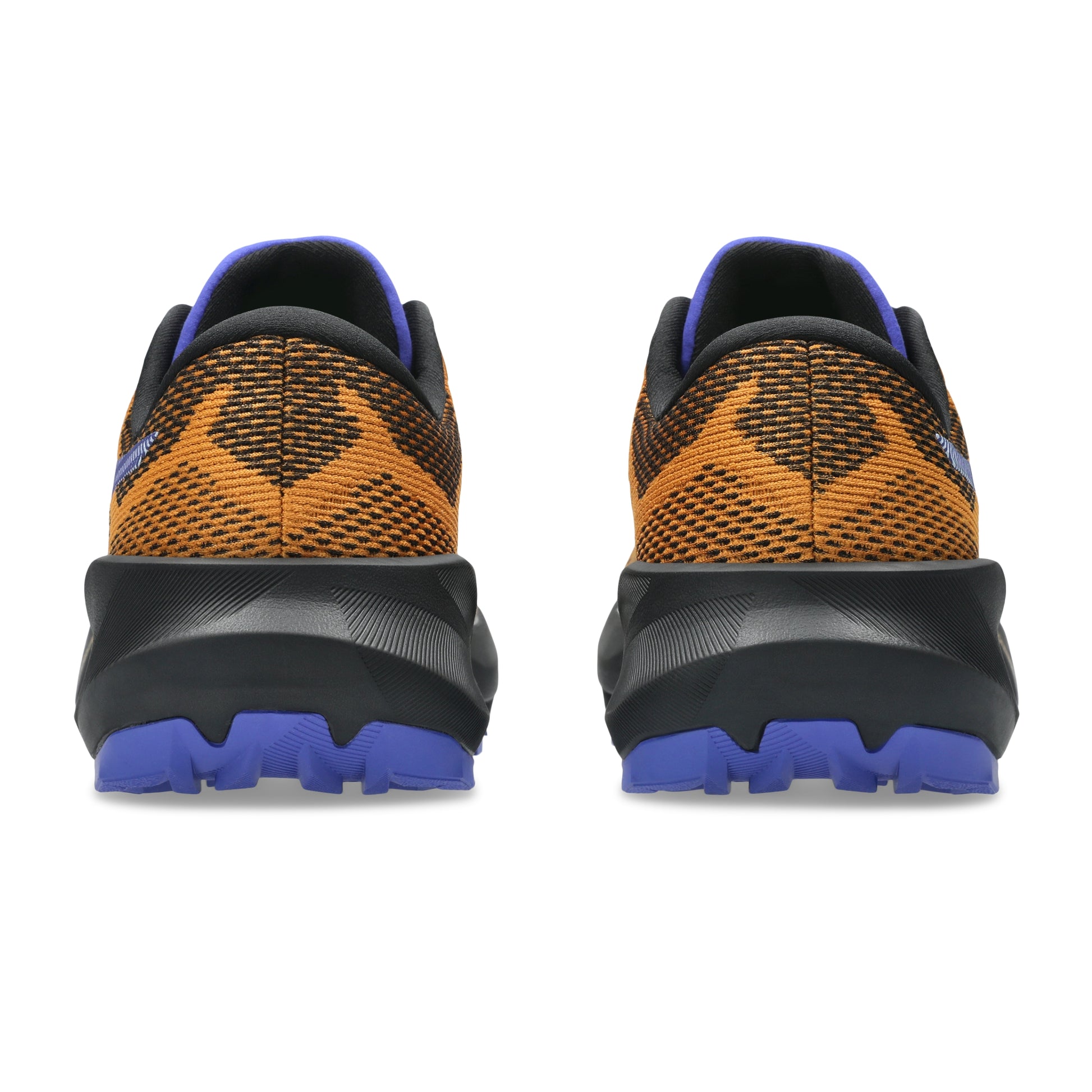 Pair of black and orange running shoes with blue soles on a white background
