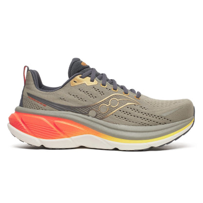 Gray Saucony running shoe with orange sole on a white background