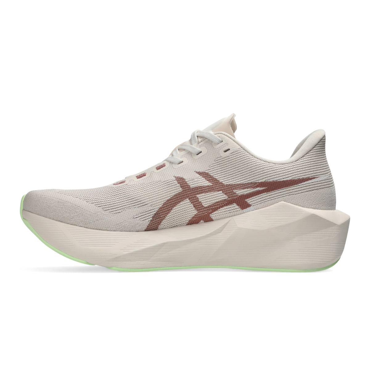 A single Asics running shoe in a light beige and off-white colorway, featuring a textured knit upper, a prominent dark brownish-red ASICS stripe logo, and a chunky sculpted sole with a light green outsole edge, shown against a plain white background.