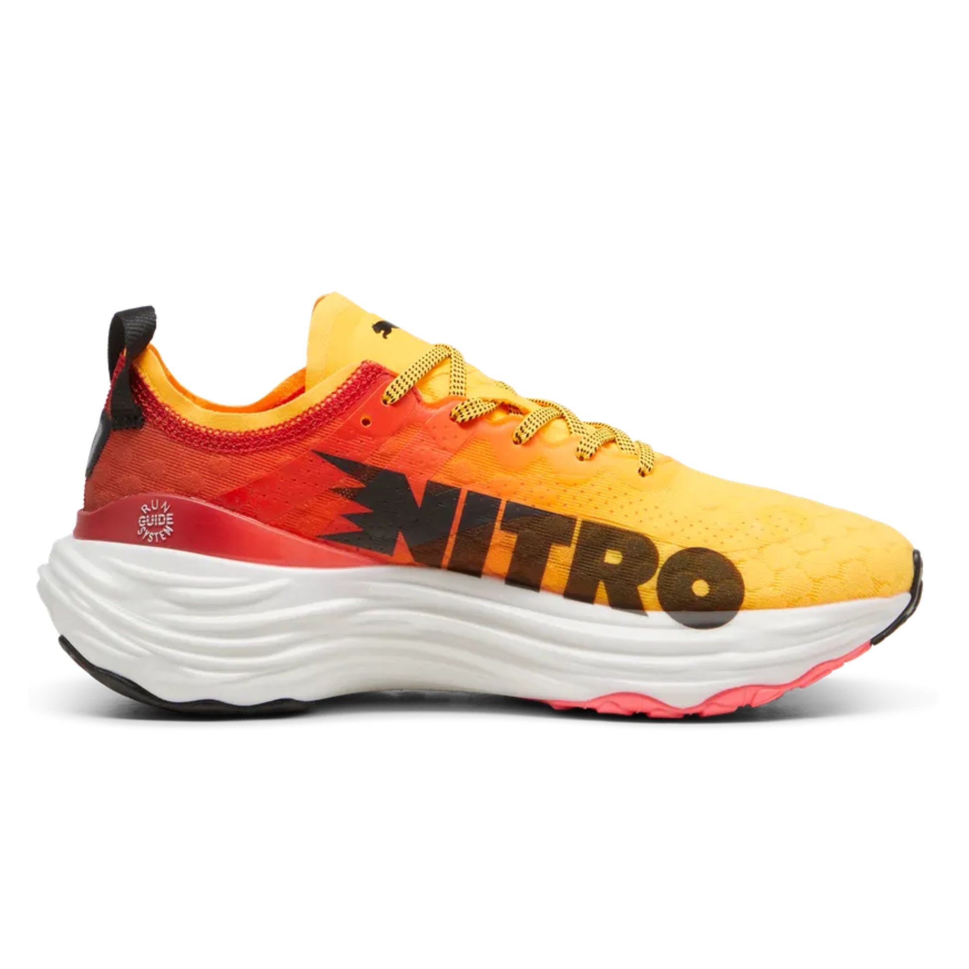 Yellow and orange Puma running shoe with 'Nitro' branding on a white background