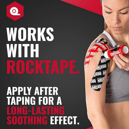 Person applying tape with text about RockTape on a black background