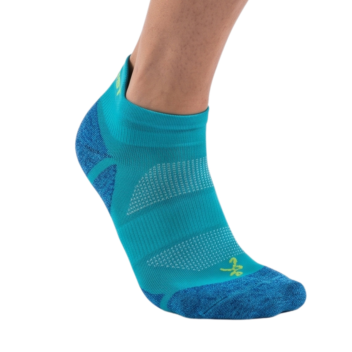 A single ankle-length athletic sock worn on a model's foot, shown against a plain white background. The sock is primarily turquoise with darker blue textured panels on the heel, toe, and sole, and a small yellow logo near the toe.