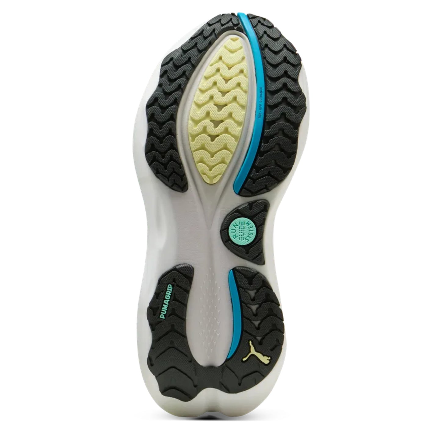 Close-up of a running shoe sole with tread pattern and brand logo on a white background