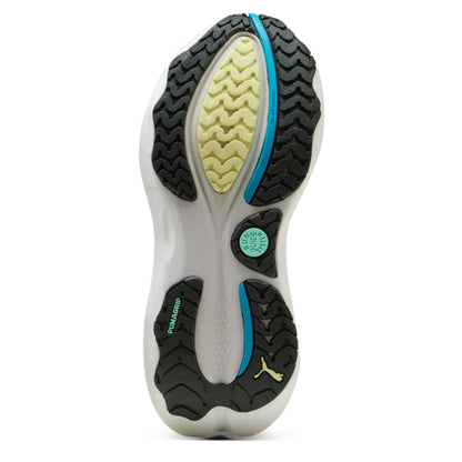 Close-up of a running shoe sole with tread pattern and brand logo on a white background