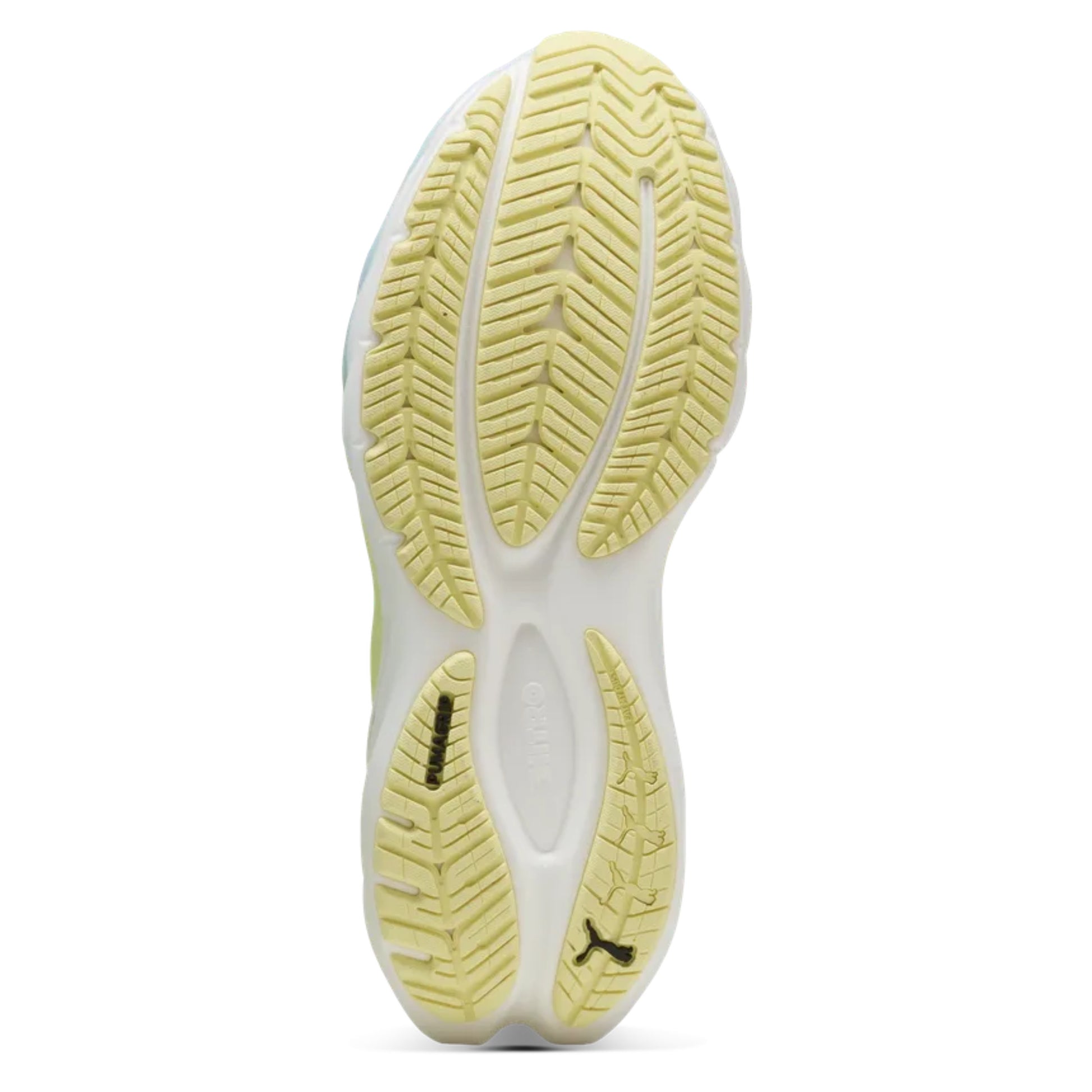 Close-up of a yellow shoe sole with a brand logo on a white background
