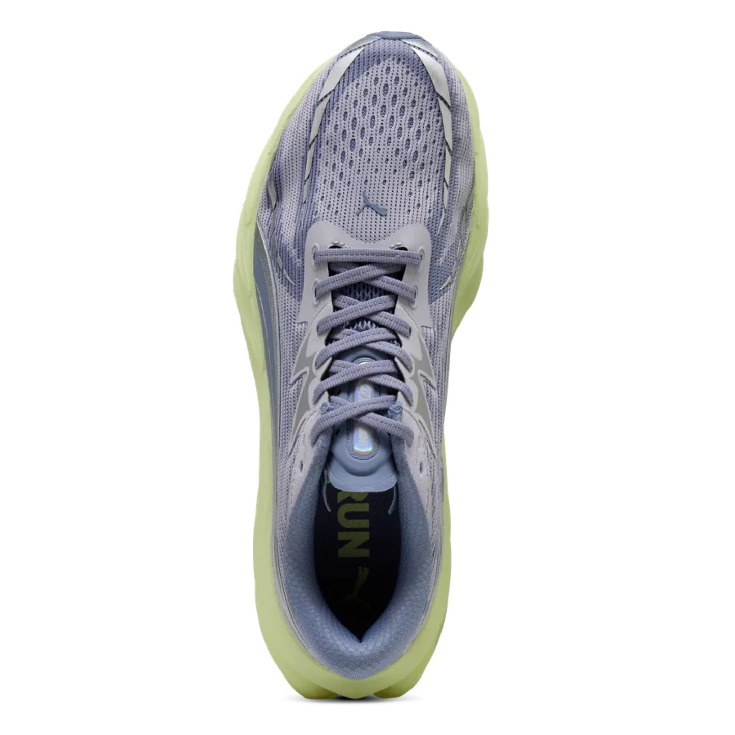 Gray and green running shoe on a white background