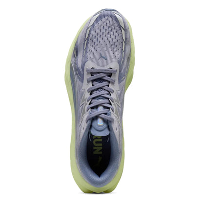 Gray and green running shoe on a white background