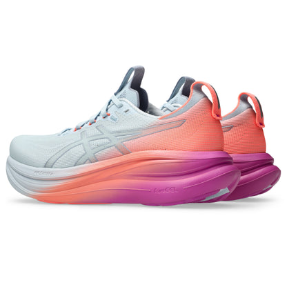 Pair of White, coral and pink Asics running shoe on a white background