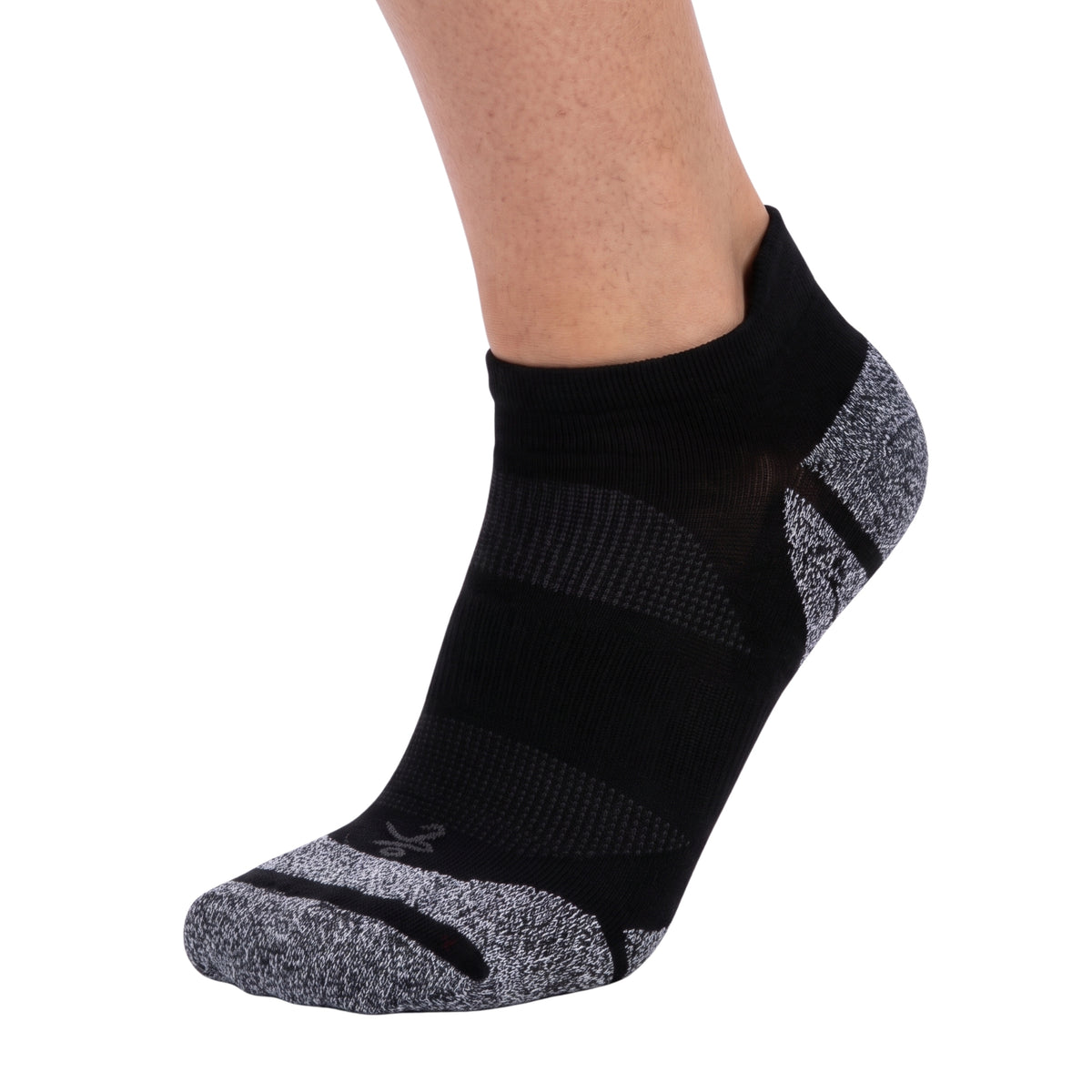 A single low-cut athletic sock shown on a person's foot against a plain white background. The sock is primarily black with heather gray textured panels on the heel and toe.