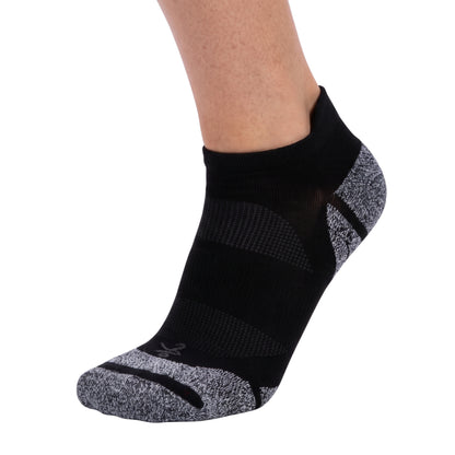 A single low-cut athletic sock shown on a person's foot against a plain white background. The sock is primarily black with heather gray textured panels on the heel and toe.