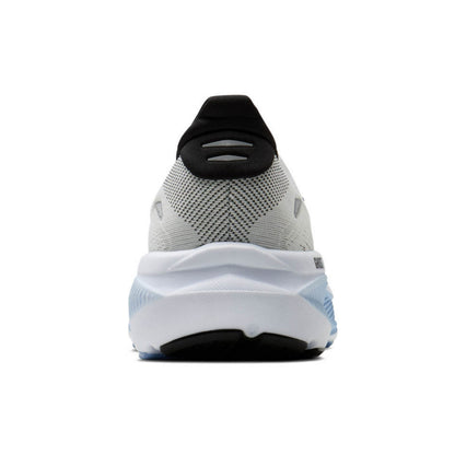 A rear view of a Brooks running shoe in light gray and white with black accents on the heel collar and outsole, set against a plain white background.