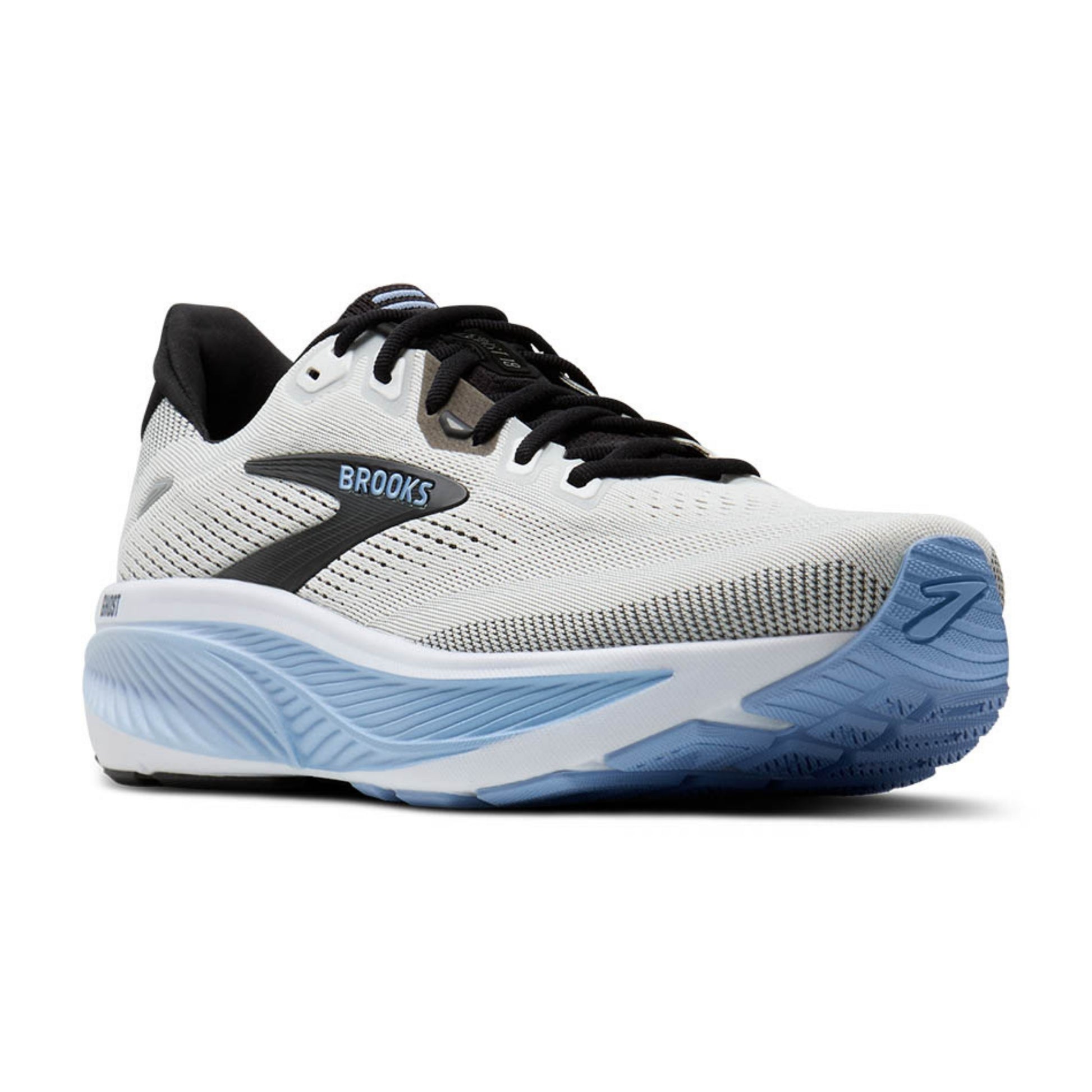 Brooks running shoe in white, black, and light blue, shown from a side profile view on a white background.