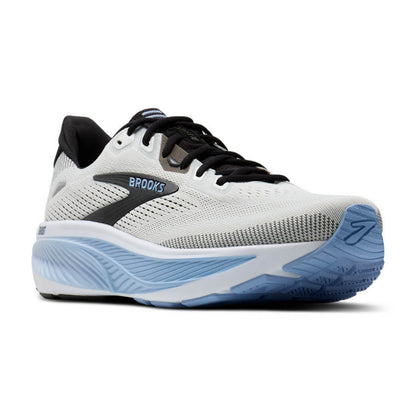Brooks running shoe in white, black, and light blue, shown from a side profile view on a white background.
