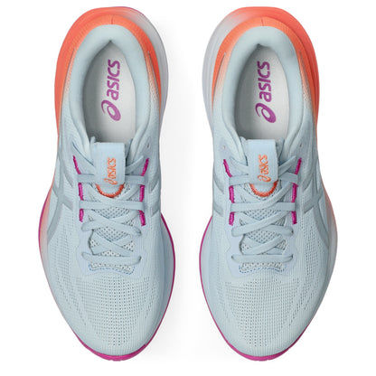 Light blue Asics running shoes with pink accents and Asics logo on a white background