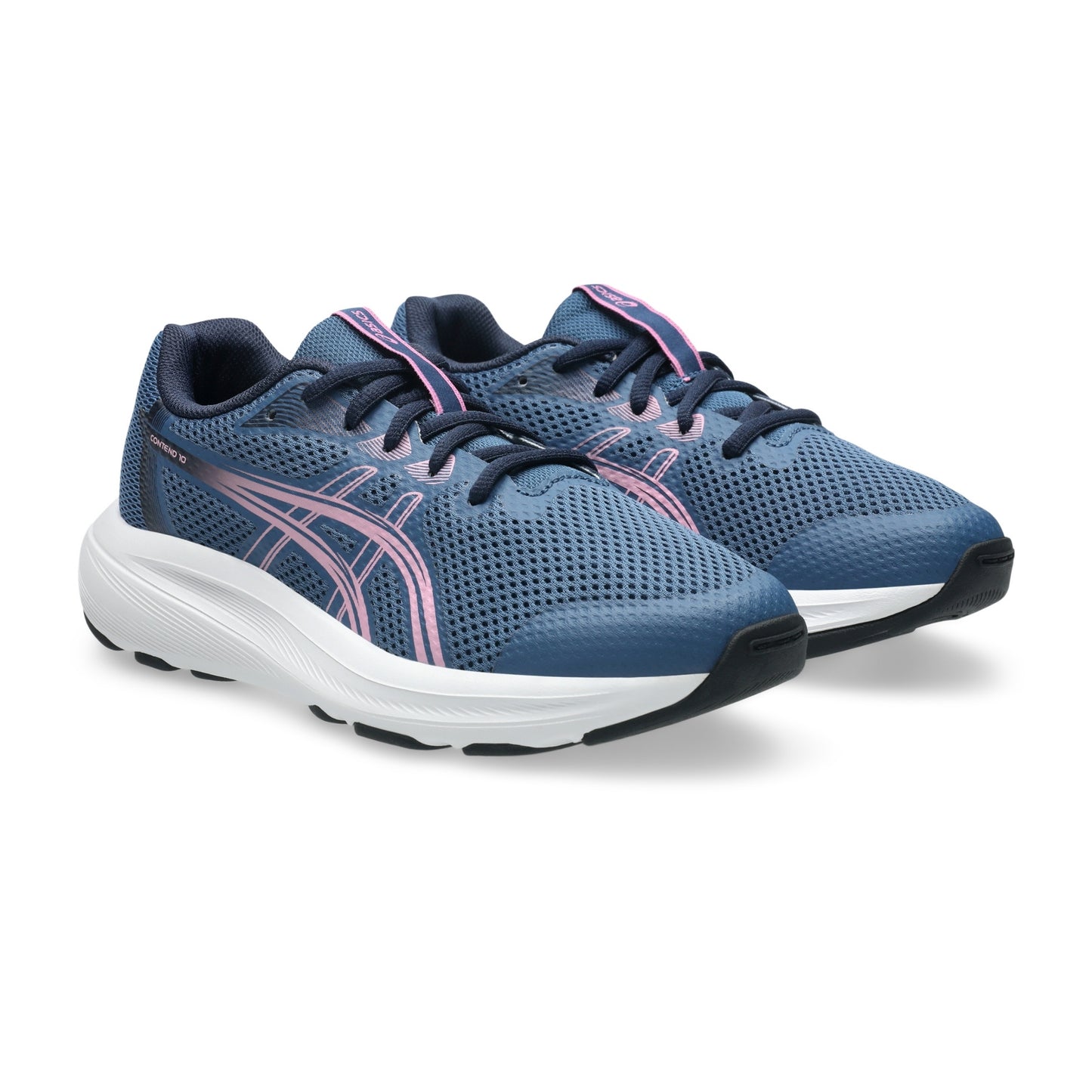 A pair of ASICS running shoes in blue mesh with pink accents and white midsoles, shown on a clean white background.