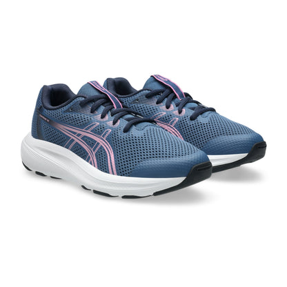 A pair of ASICS running shoes in blue mesh with pink accents and white midsoles, shown on a clean white background.